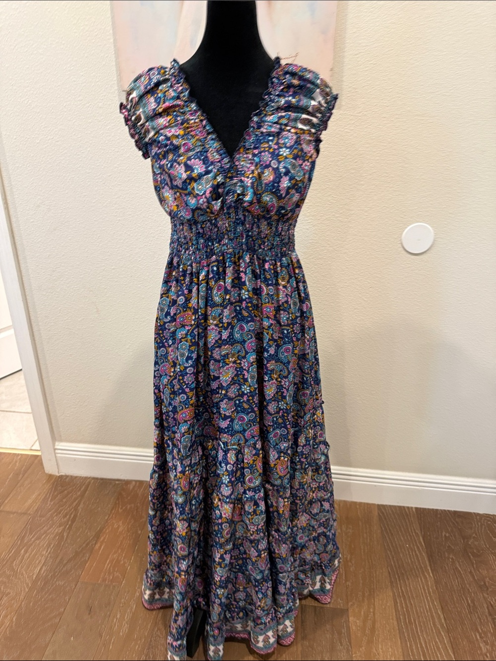 Bohemian Purple Paisley Smocked Silk Blend  Maxi Dress
